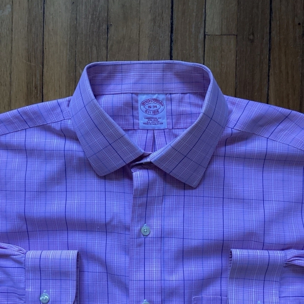 Brooks Brothers Men's 16-34 Pink/Blue Checkered Dress Shirt,100%Cotton,Non-Iron